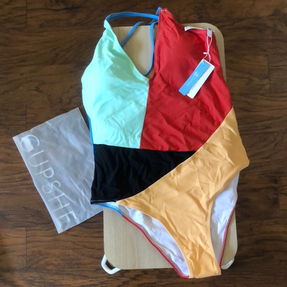 XL color block one piece swim